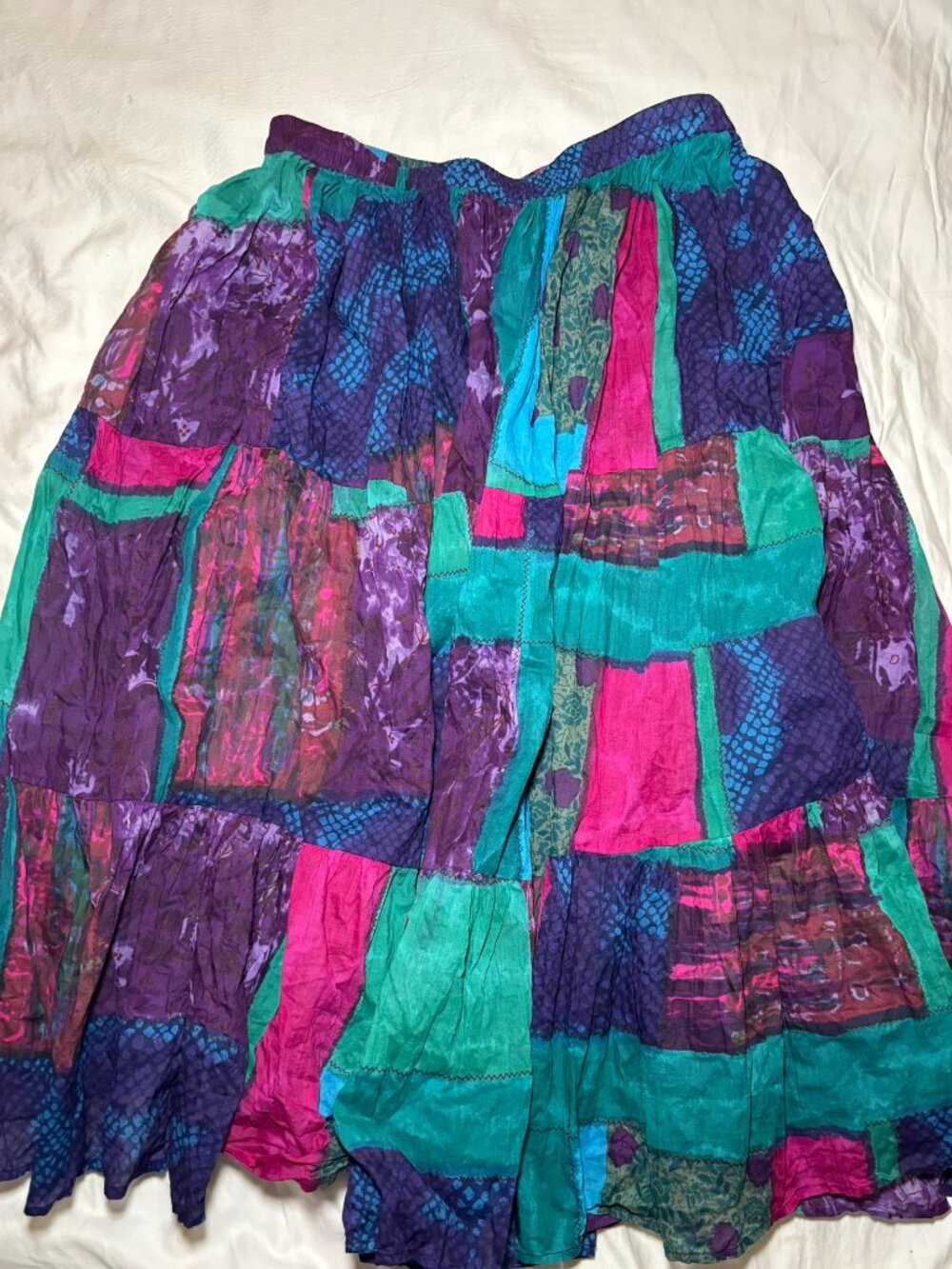 VTG BFA Classics Sz PM Colorful Patchwork Skirt Boho Cottagecore Midi Elastic